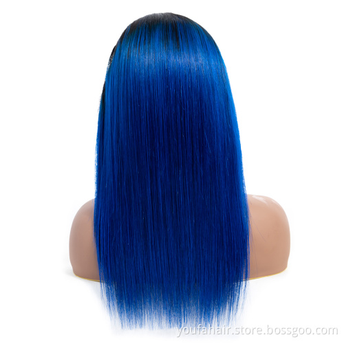 Wholesale Raw Indian Virgin Hair Ombre 1B Blue HD Lace Frontal Wig Women 13X4 Swiss Lace Front Closure Human Hair Wig Straight